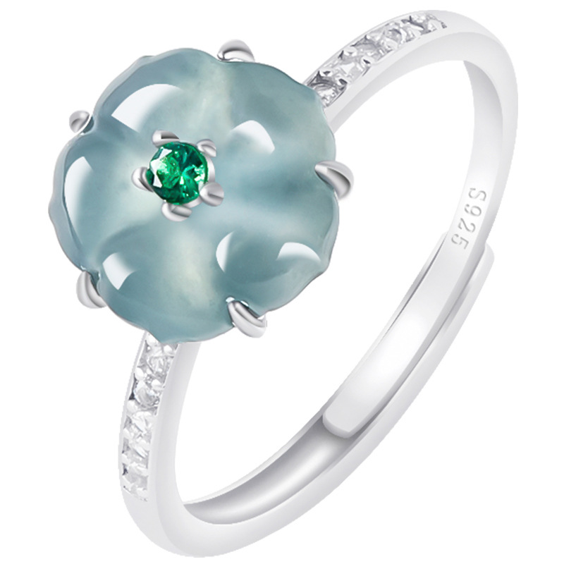 Women Fashion Rings - Blue Burmese Jadeite Flower Rings 925