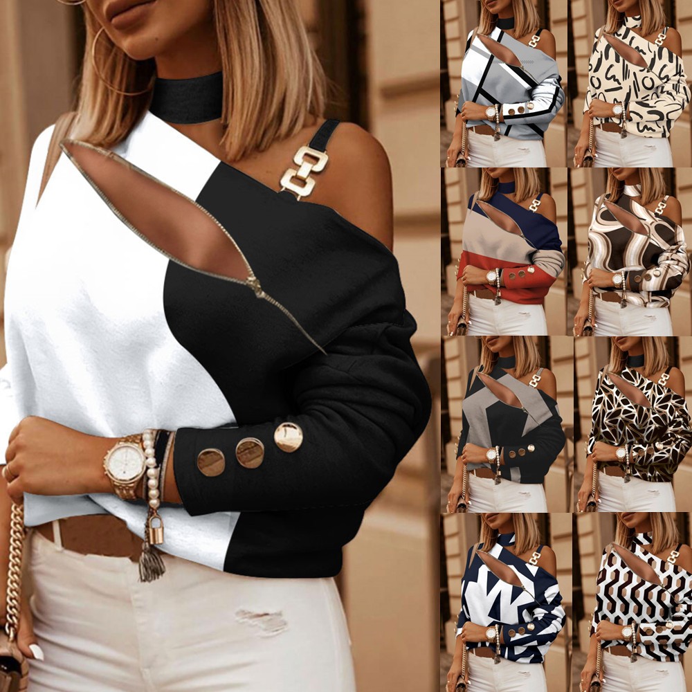 Women Fashion Style - Women's Off Shoulder Blouse with Button