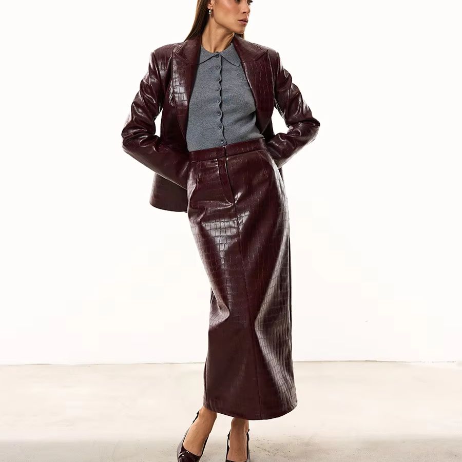 Women'S Fashion Leather Jacket - IG Women Burgundy Croc Faux Leather