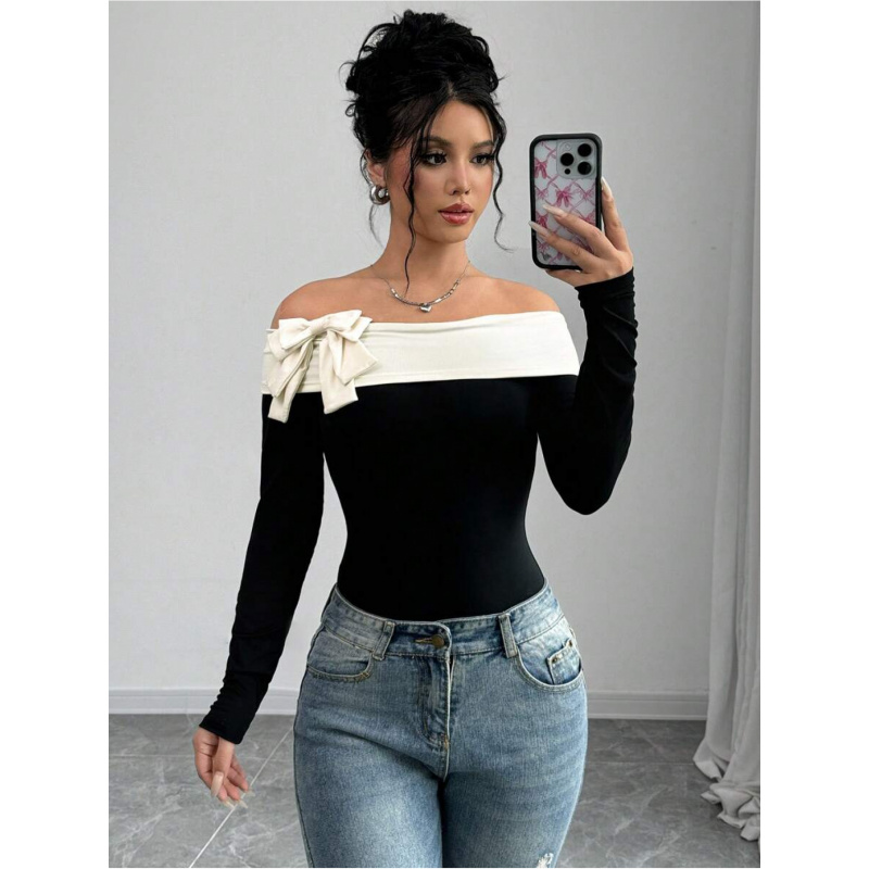 Women Fashion Style - Bowknot Decor Off Shoulder Bodysuit |