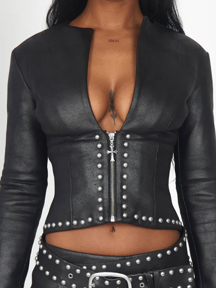 Fashion Rivet Decor Pu Leather - Women'S Fashion Leather Jacket 评论和价格